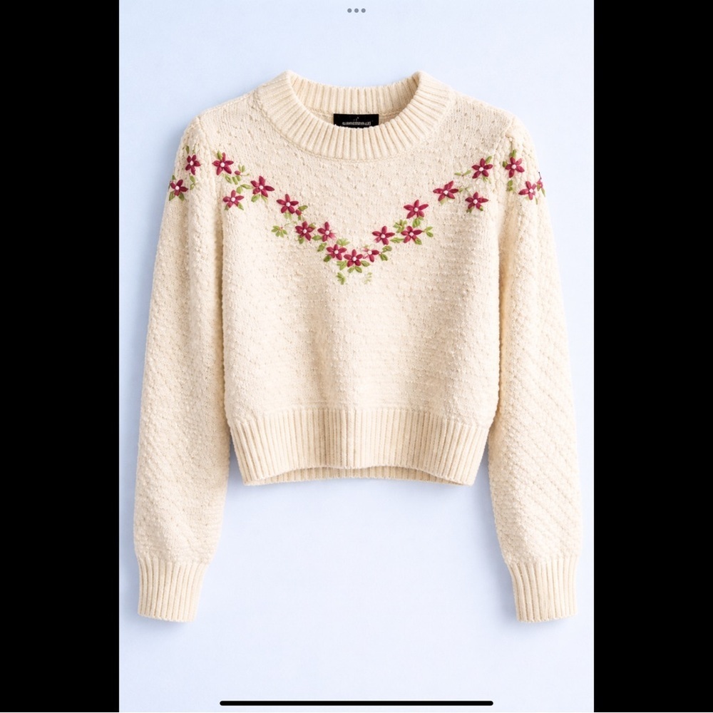Lulus XS Cream Embroidered Floral Coquette Sweater Cottagecore